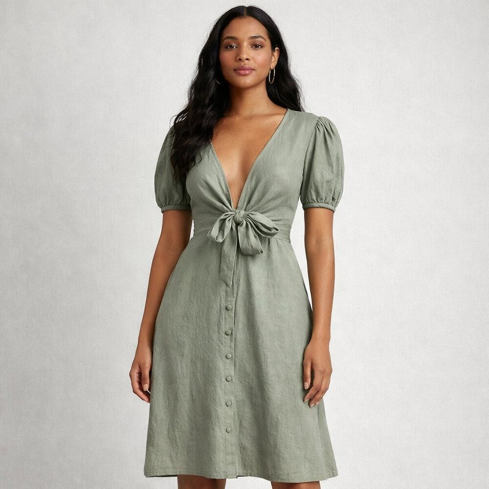 Petal & Pup Piper Button Front Sage Puff Sleeve Midi Dress Size 4